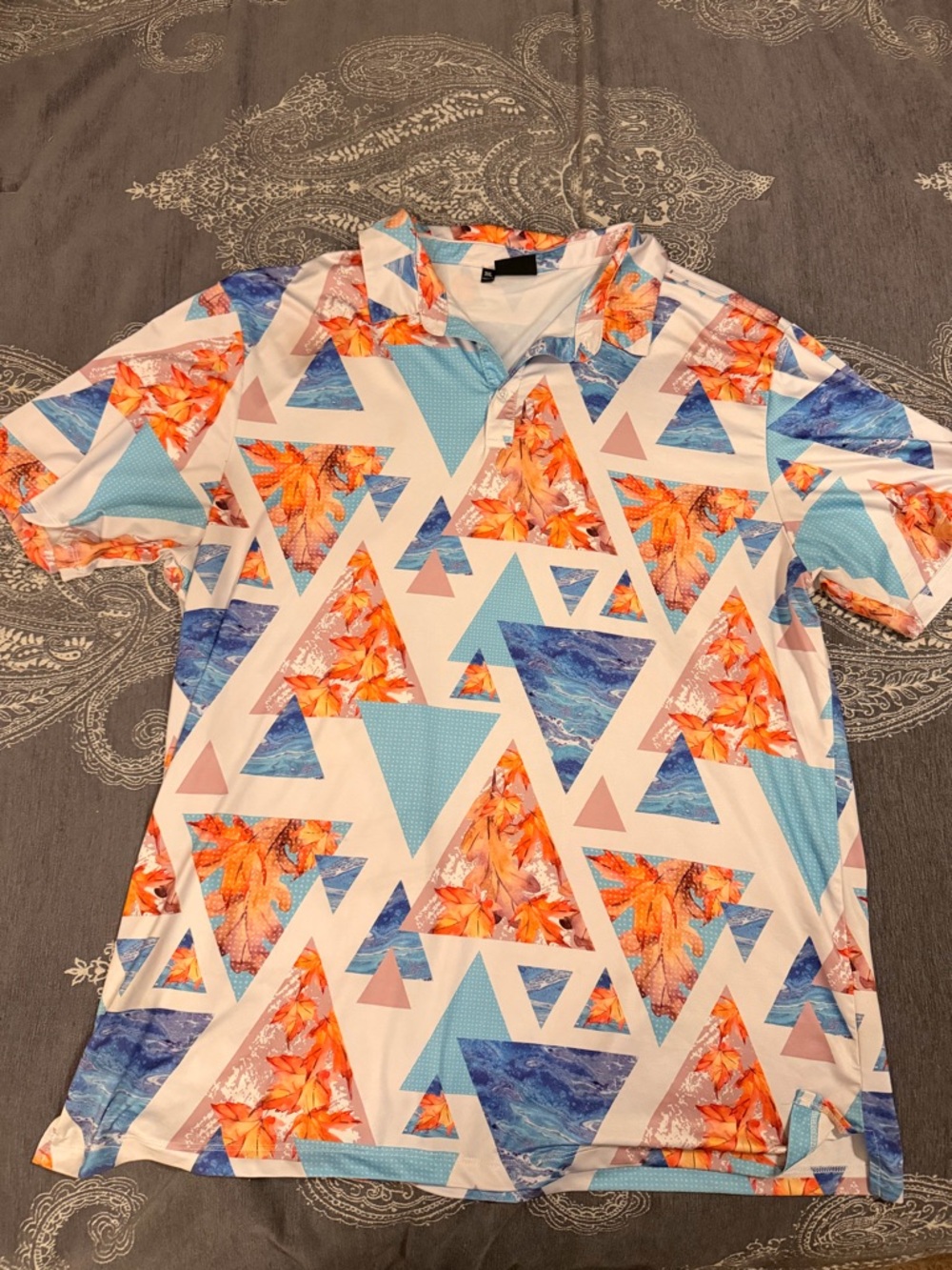 Men's Tropical Geo Print Polo Shirt - Blue & Orange